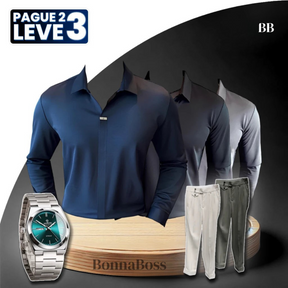 [Pague 2, Leve 3] Kit de Camisas Polo Domiran em Seda Gelo e Poliéster + BRINDES: Relógio e 2 Calças Ajustáveis